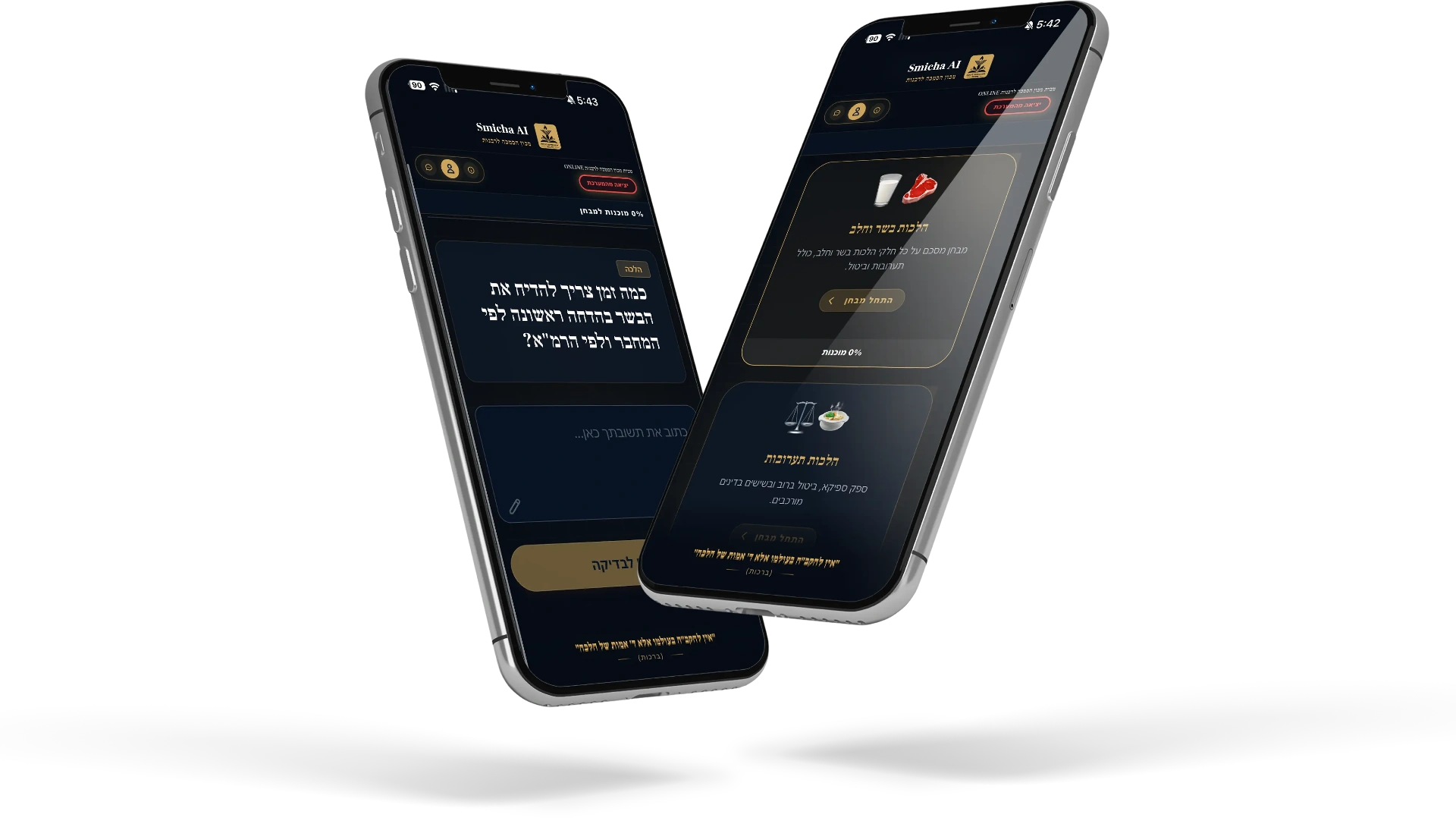 מסך אפליקציית Smicha AI המוצג על טלפון נייד עם שאלת תרגול